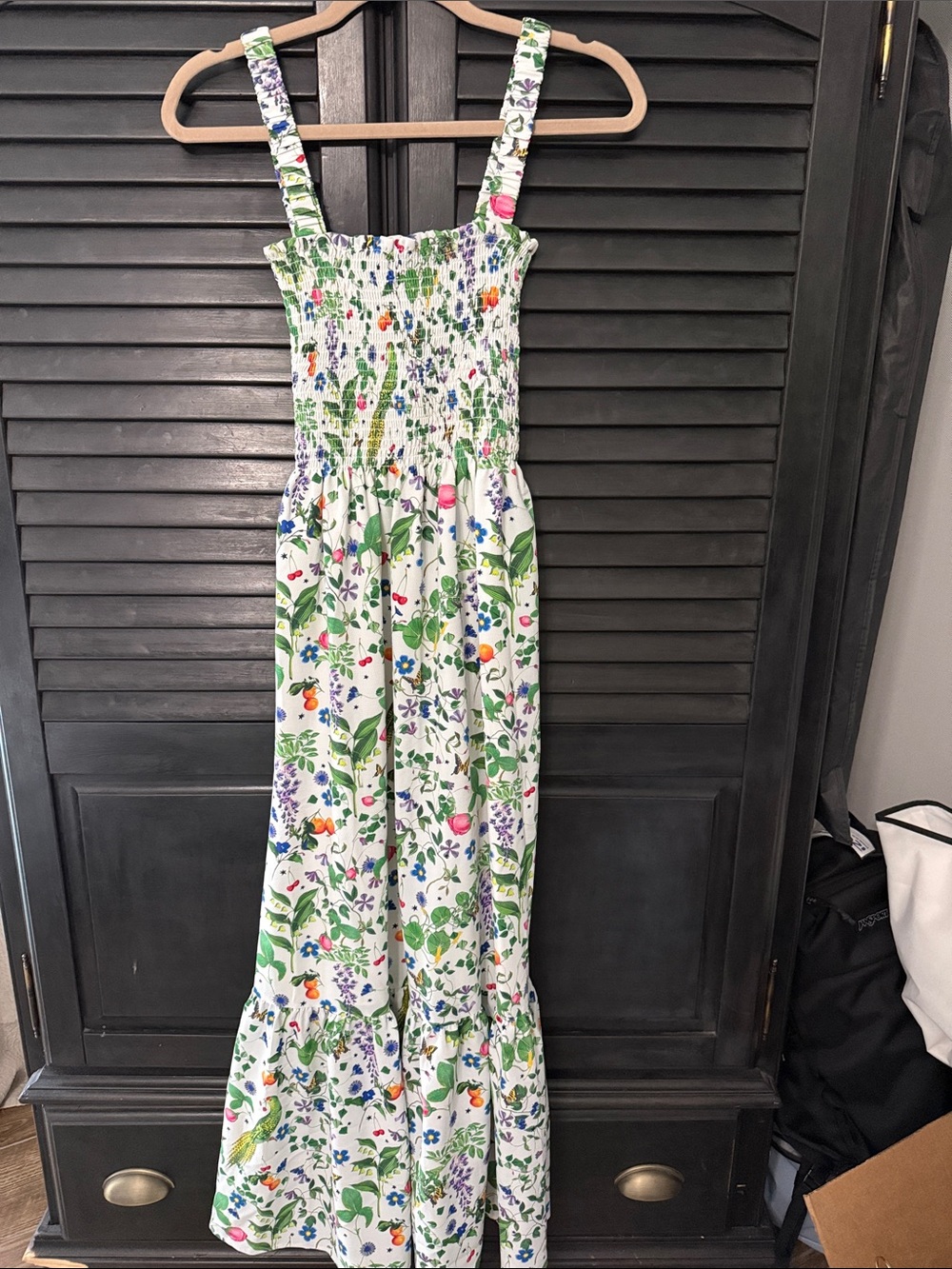 Hill House White Smocked Dress with Lilac Label and Green Floral Trim